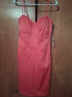Bisou Bisou Coral-Pink Midi Bodycon Dress with Sweetheart Neckline
